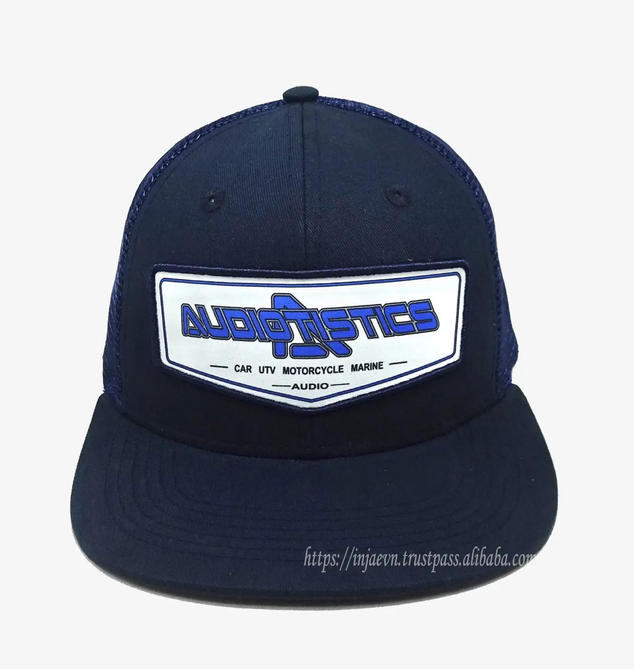 Mesh and Polyester Spandex Fabric Woven Patch logo High Quality Navy Blue Color Medium Profile Trucker Hat From Vietnam Supplier 1