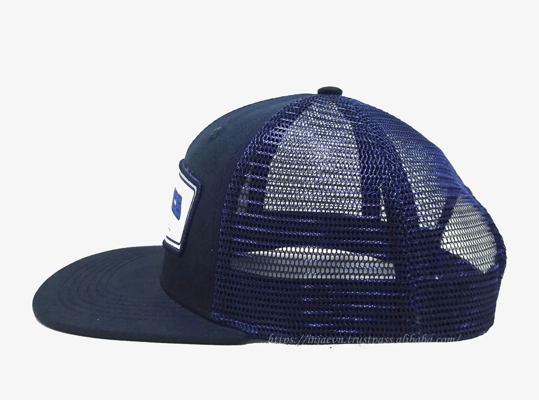 Mesh and Polyester Spandex Fabric Woven Patch logo High Quality Navy Blue Color Medium Profile Trucker Hat From Vietnam Supplier 3