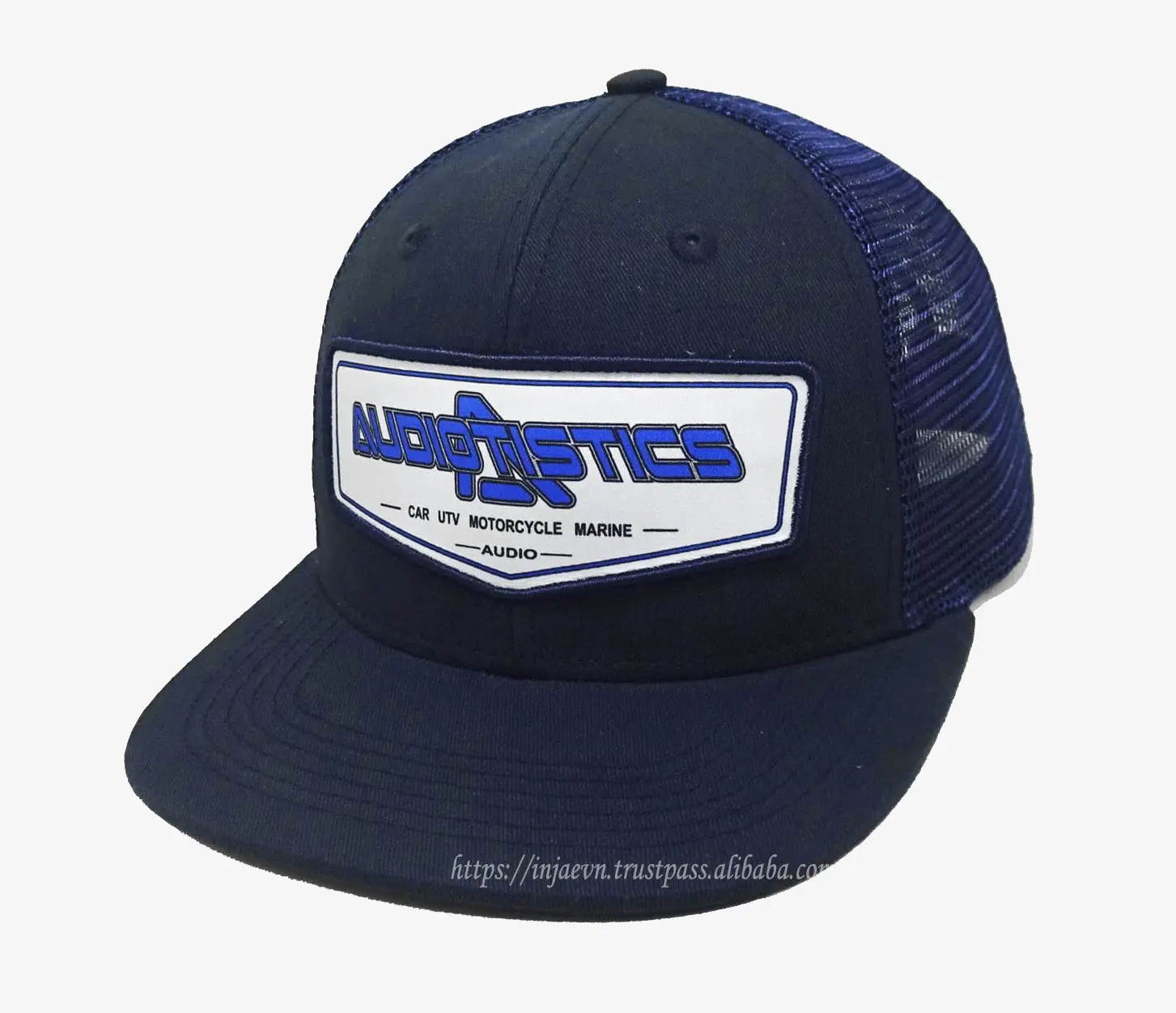 Mesh and Polyester Spandex Fabric Woven Patch logo High Quality Navy Blue Color Medium Profile Trucker Hat From Vietnam Supplier 2