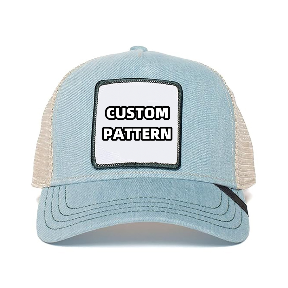 Mesh Light Blue Trucker Hat Custom logo High Quality Fashion Curved Brim Plain Mesh Trucker Hat for Men 1