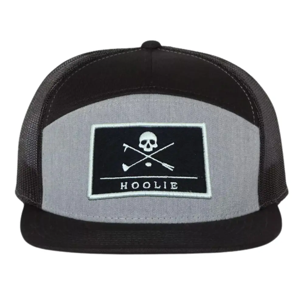 Mixed Gray Color 7 Panel Trucker Hat With Black White Color Custom Logo Flat Brim Breathable Mesh Adjustable Single Row Bucket 5