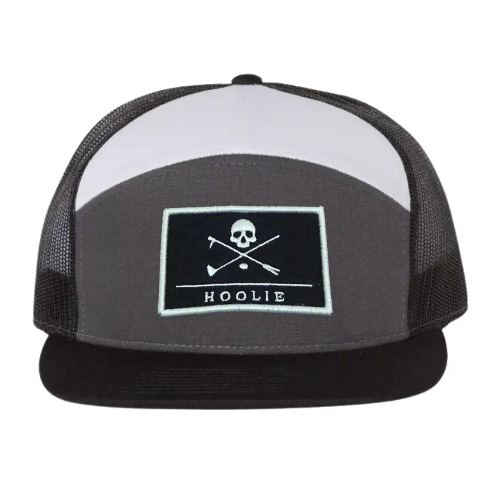 Mixed Gray Color 7 Panel Trucker Hat With Black White Color Custom Logo Flat Brim Breathable Mesh Adjustable Single Row Bucket 2