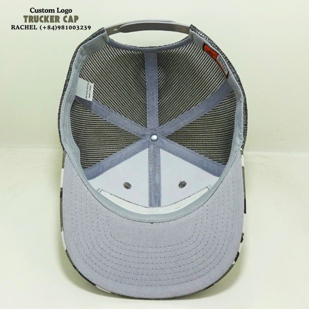 Modern Camouflage Trucker Hats 6 Panels Leather Logo Patch Gorras Structured Caps  Slightly Brim Inner Tag Snapback Closure OEM 5