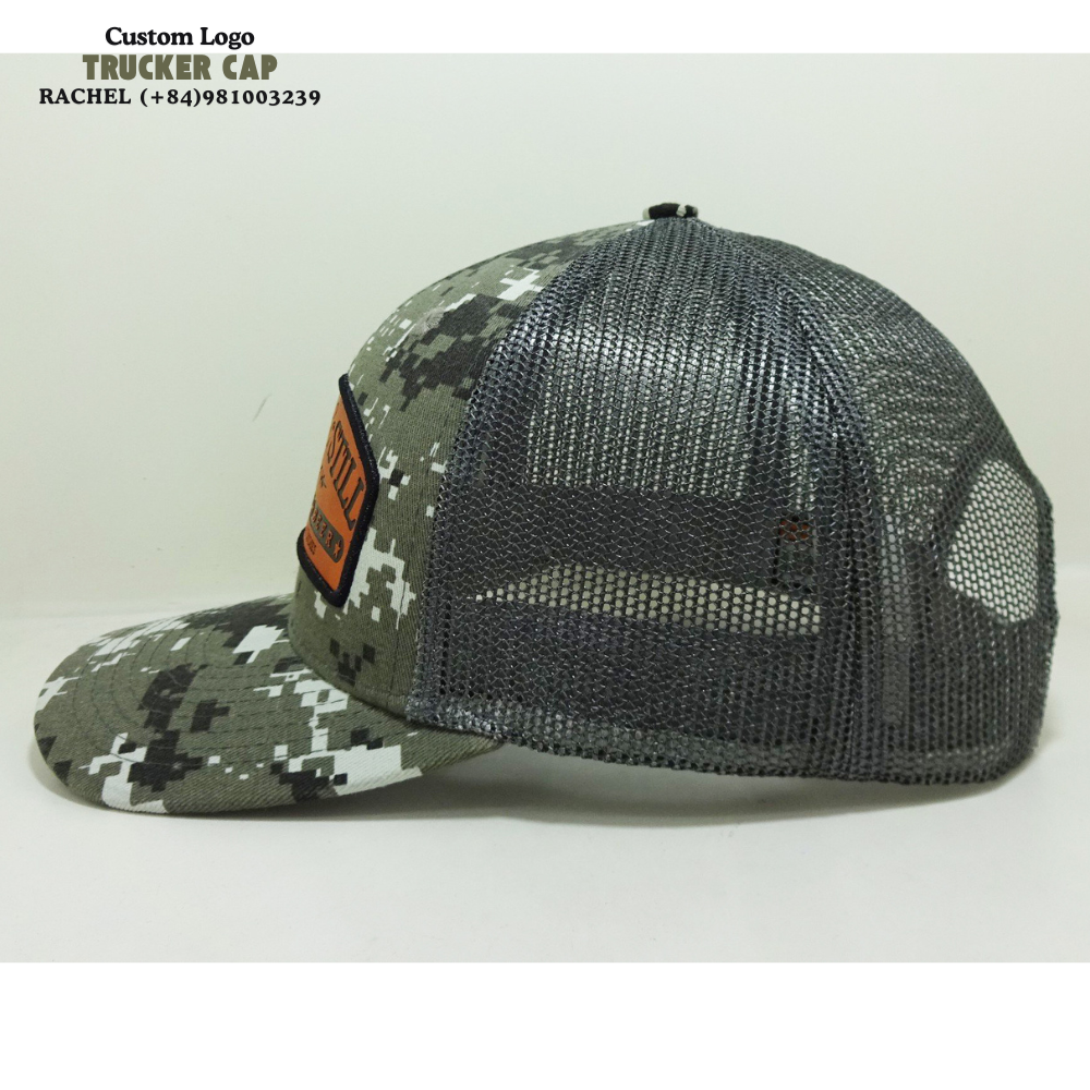 Modern Camouflage Trucker Hats 6 Panels Leather Logo Patch Gorras Structured Caps  Slightly Brim Inner Tag Snapback Closure OEM 3