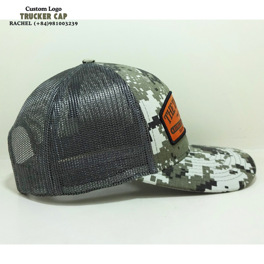 Modern Camouflage Trucker Hats 6 Panels Leather Logo Patch Gorras Structured Caps  Slightly Brim Inner Tag Snapback Closure OEM 4