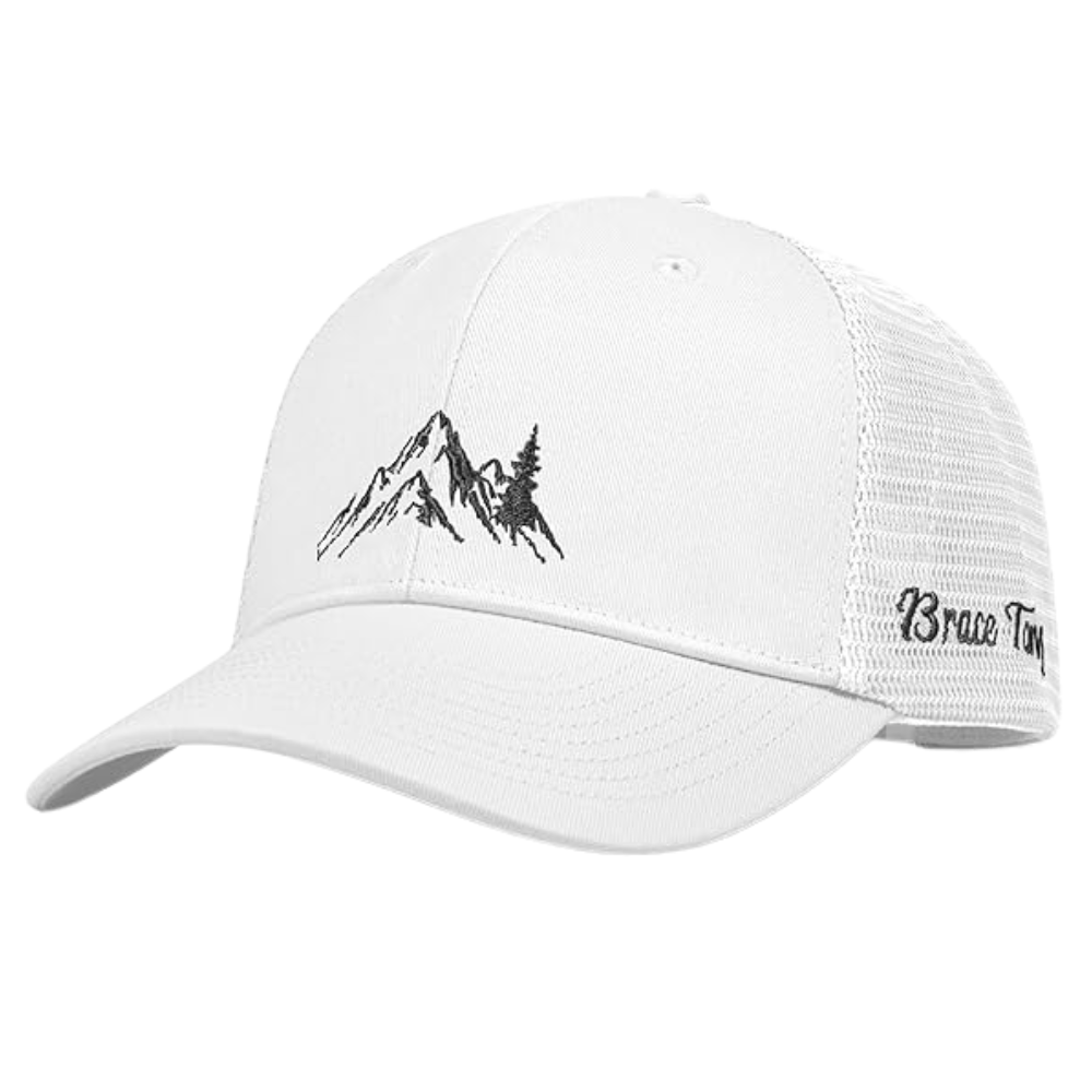 Mountain Embroidered Trucker Cap On Front And Left Side Custom Contrast Color Structured Fully Interior Tapes Your Own Logo OEM 4