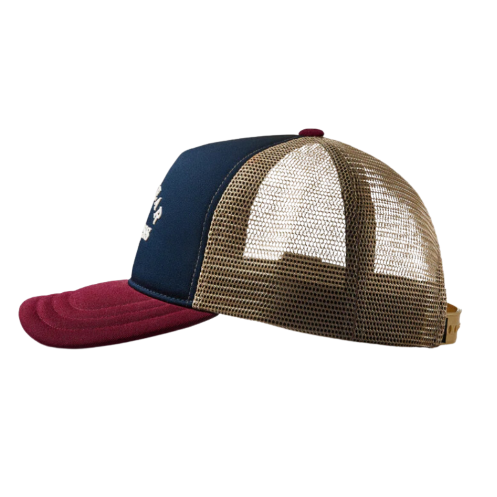 Navy Blue 5 Panel Trucker Hat Custom Red Brim and Yellow Mesh Breathable Adjustable Single Breasted Buckle for All Ages Unisex 4