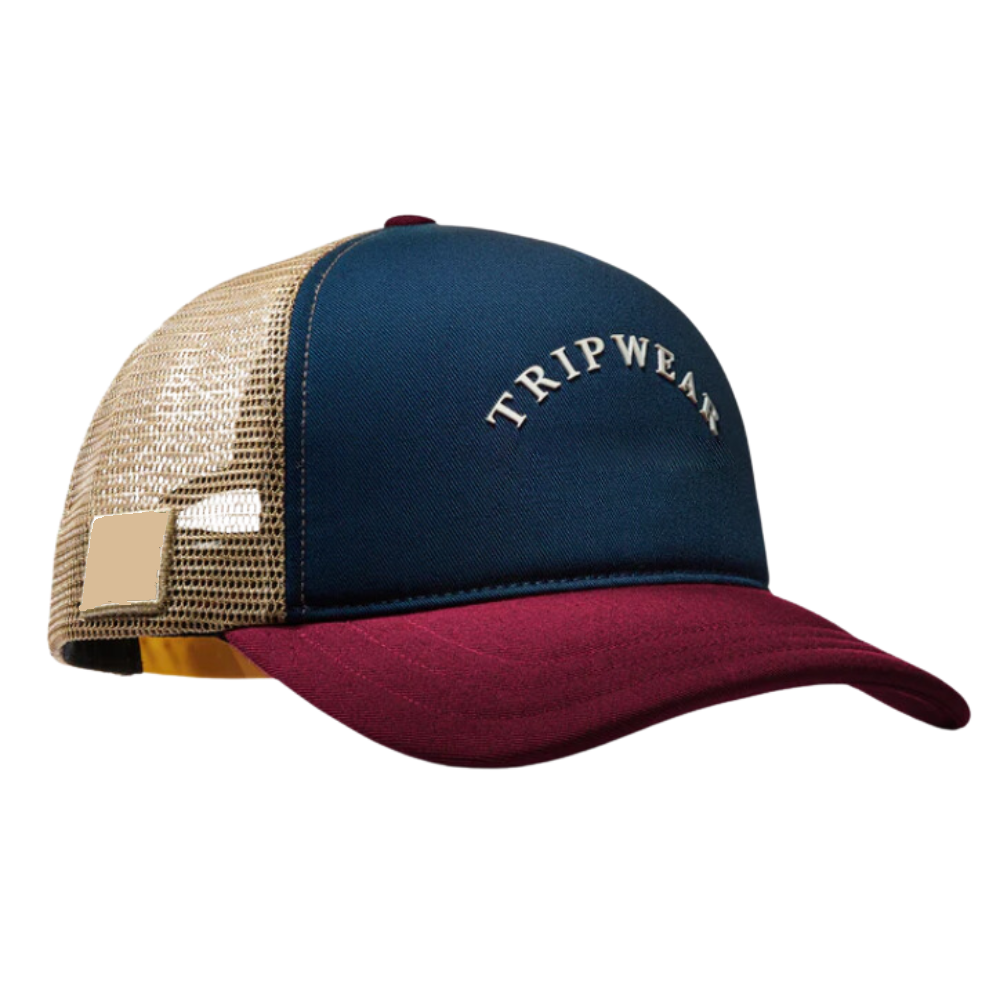 Navy Blue 5 Panel Trucker Hat Custom Red Brim and Yellow Mesh Breathable Adjustable Single Breasted Buckle for All Ages Unisex 5