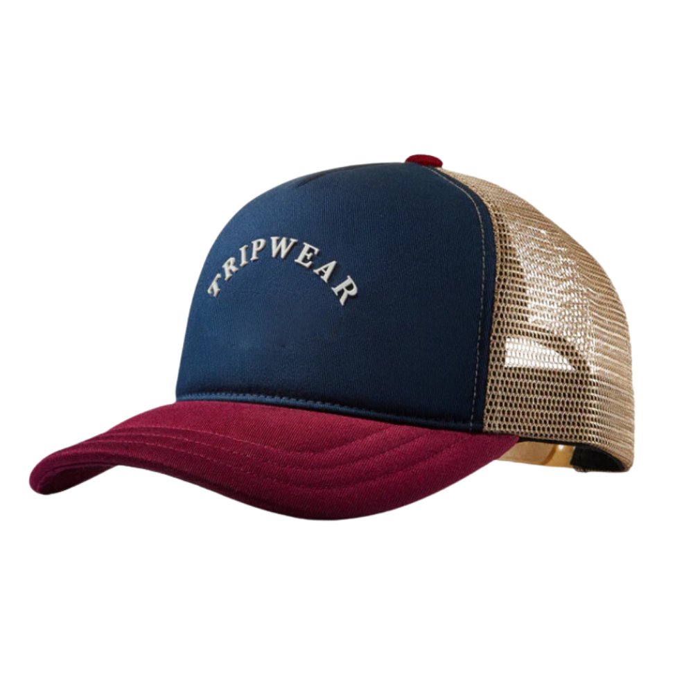 Navy Blue 5 Panel Trucker Hat Custom Red Brim and Yellow Mesh Breathable Adjustable Single Breasted Buckle for All Ages Unisex 3