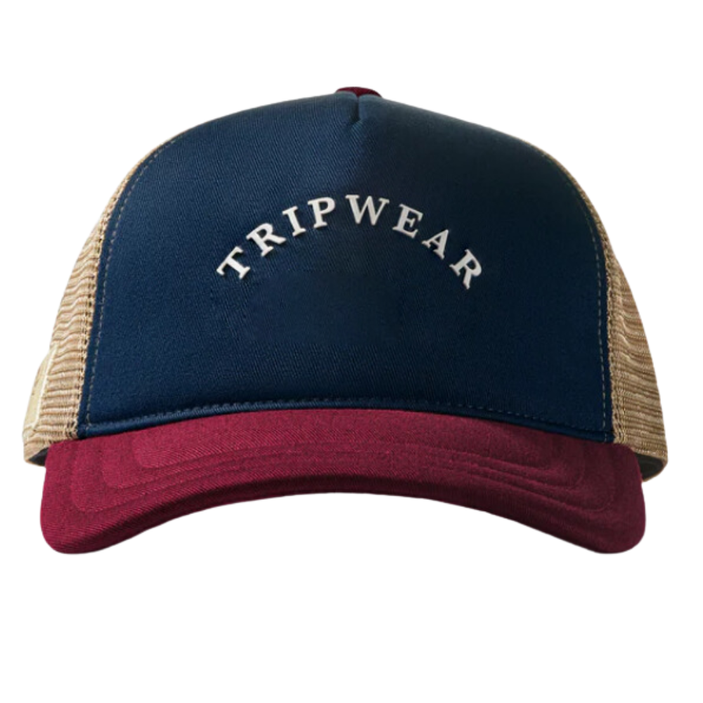 Navy Blue 5 Panel Trucker Hat Custom Red Brim and Yellow Mesh Breathable Adjustable Single Breasted Buckle for All Ages Unisex 2