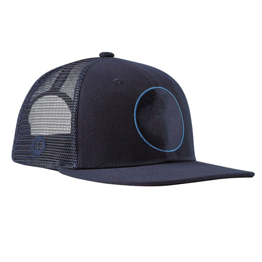 Navy Blue/Black Embroidered Logo Trucker Hats 6 Panel Flat Brim Custom Inner Tapes Adjustable Snapback Closure Breathable Mesh 3