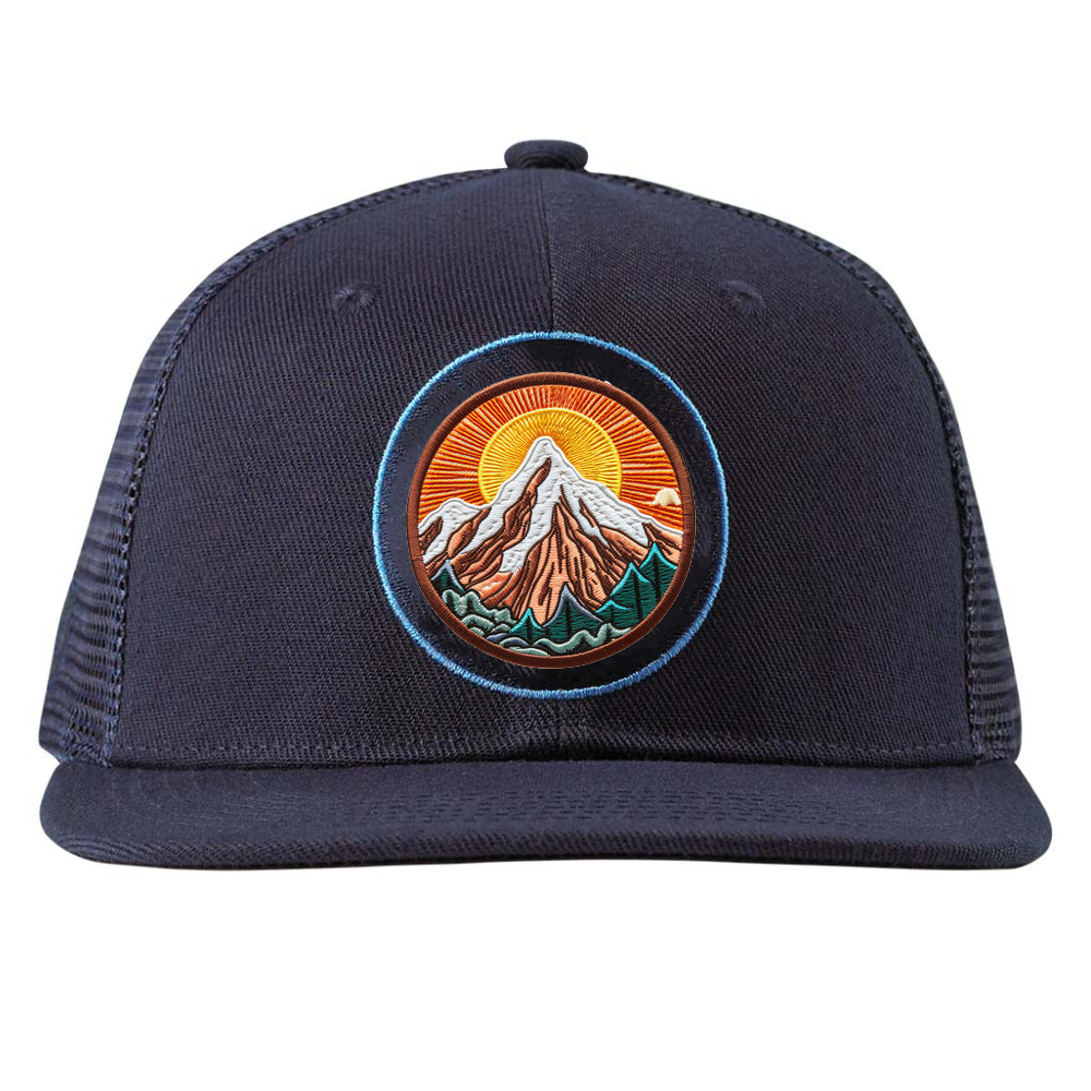 Navy Blue/Black Embroidered Logo Trucker Hats 6 Panel Flat Brim Custom Inner Tapes Adjustable Snapback Closure Breathable Mesh 2