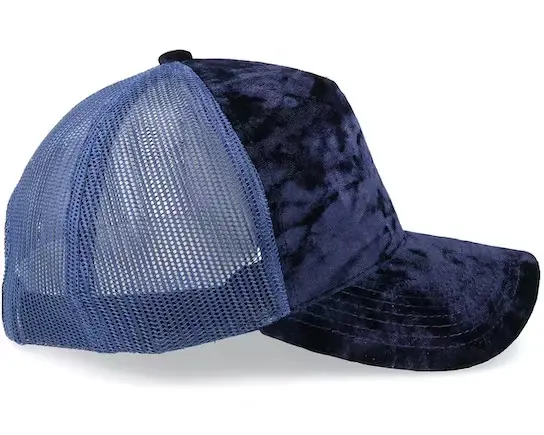 Navy Blue Color Velvet Trucker Hat Custom Logo 5-Panel Curved Brim High Quality Medium Profile Wholesale Products Trucker Hat 3