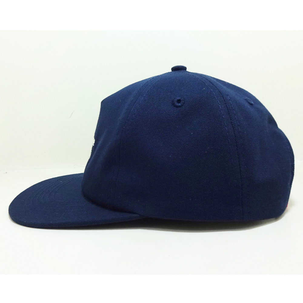 Navy Blue Embroidered Snapback 5 Panel Printed Inner Tape Custom Label On Sweatband Adjustable Single Row Buckle Plastic Closure 3