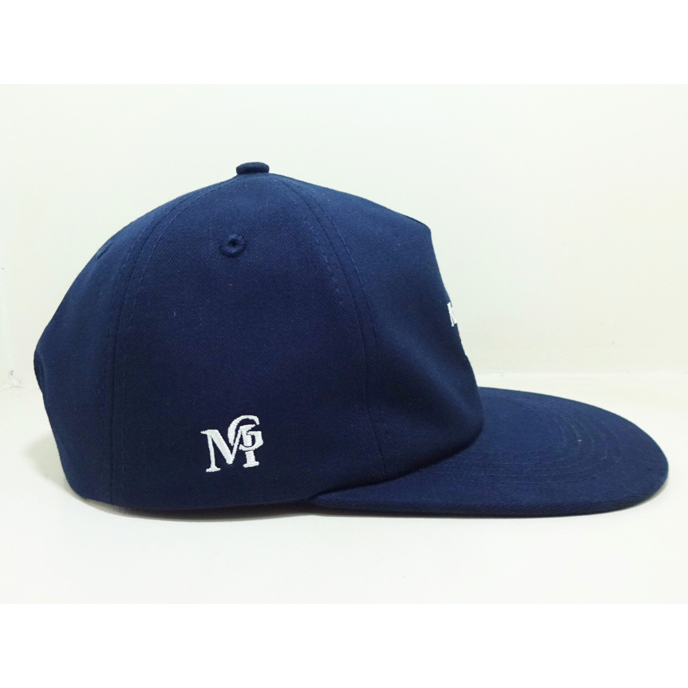 Navy Blue Embroidered Snapback 5 Panel Printed Inner Tape Custom Label On Sweatband Adjustable Single Row Buckle Plastic Closure 4