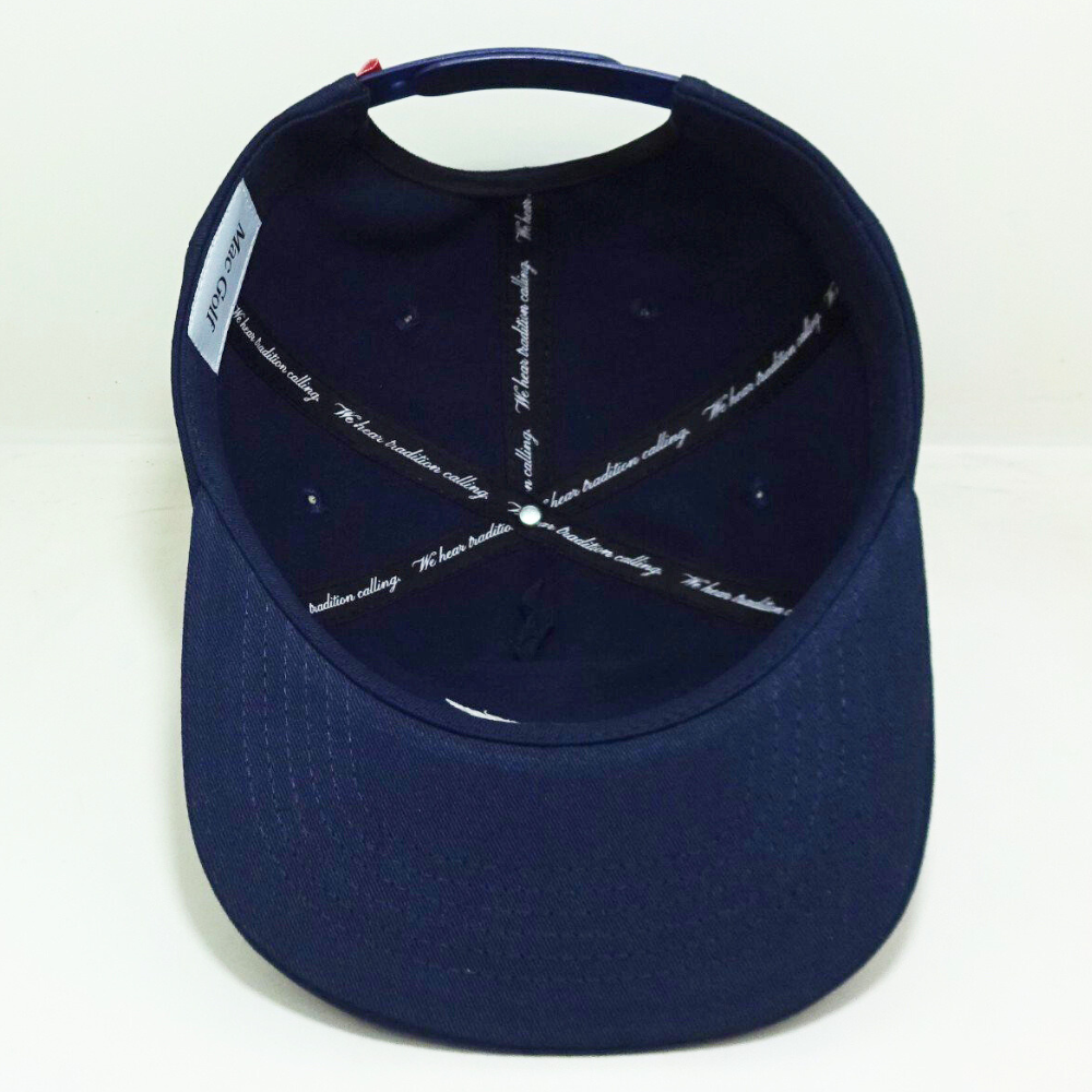 Navy Blue Embroidered Snapback 5 Panel Printed Inner Tape Custom Label On Sweatband Adjustable Single Row Buckle Plastic Closure 5