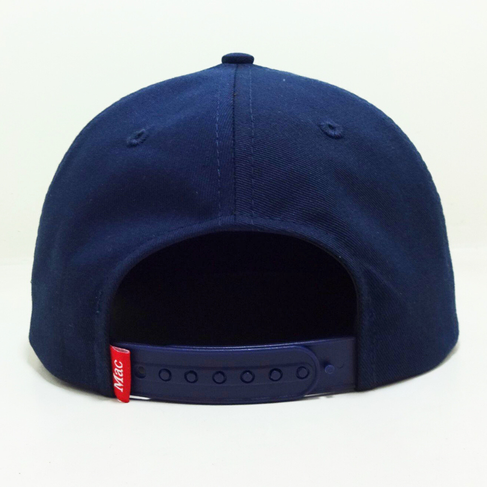 Navy Blue Embroidered Snapback 5 Panel Printed Inner Tape Custom Label On Sweatband Adjustable Single Row Buckle Plastic Closure 6