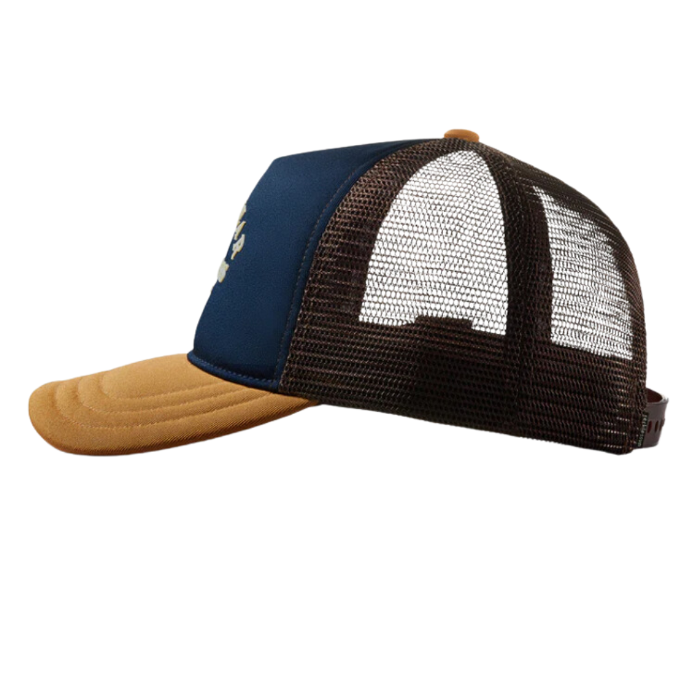 Navy Blue Light Brown 5 Panel Trucker Hat Custom Embroidered/PVC Logo Breathable Black Mesh Adjustable Single Breasted Buckle 4