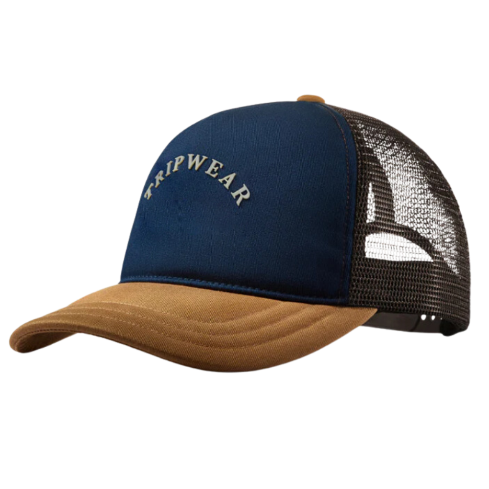 Navy Blue Light Brown 5 Panel Trucker Hat Custom Embroidered/PVC Logo Breathable Black Mesh Adjustable Single Breasted Buckle 3