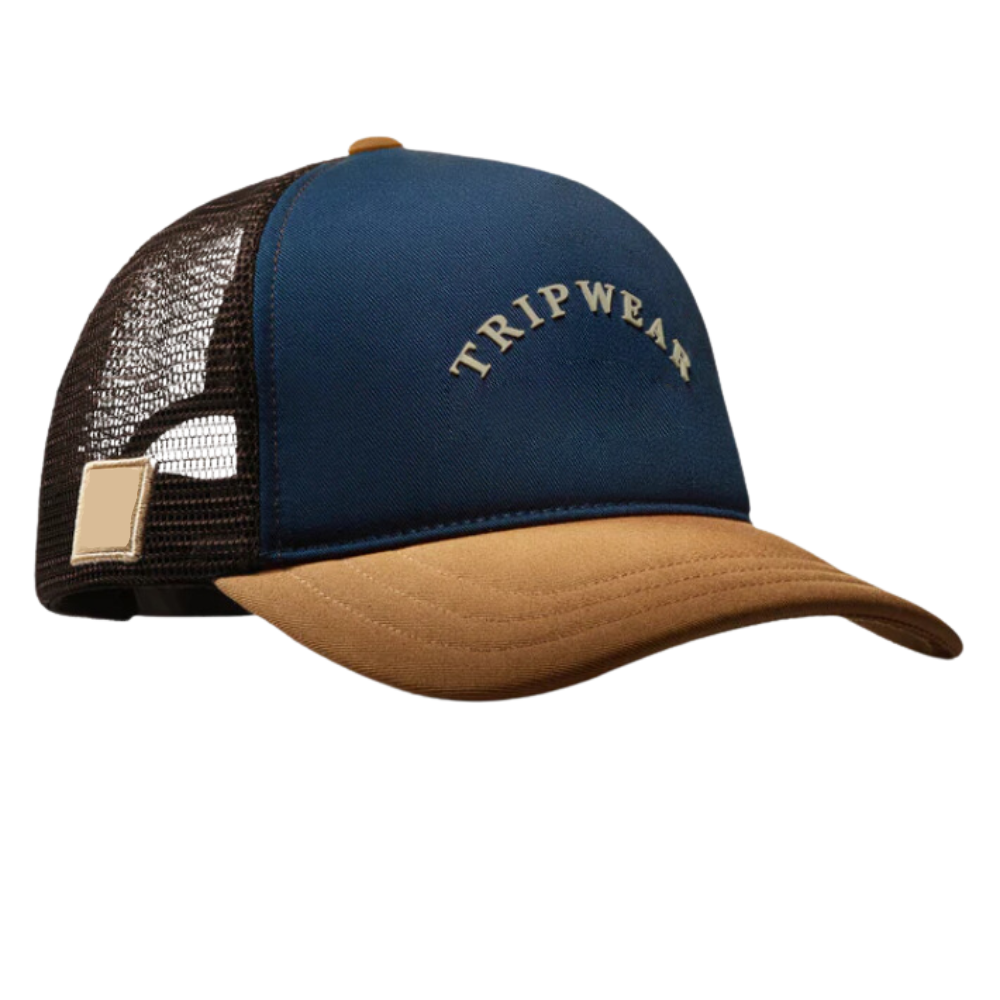Navy Blue Light Brown 5 Panel Trucker Hat Custom Embroidered/PVC Logo Breathable Black Mesh Adjustable Single Breasted Buckle 5