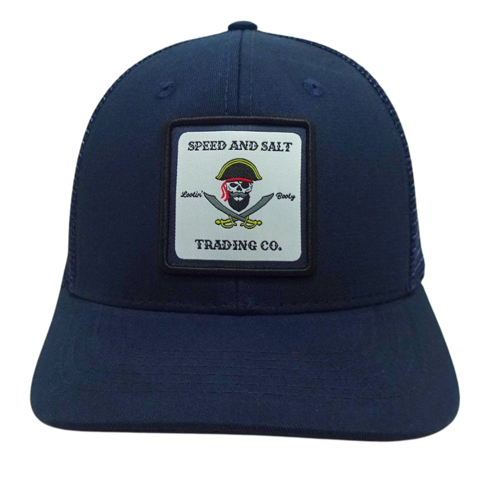 Navy Blue Trucker Hat 6 Panels Woven Patch Flat Brim Structured Cap With Black Mesh Single Breasted Buckle for Men and Women OEM 2