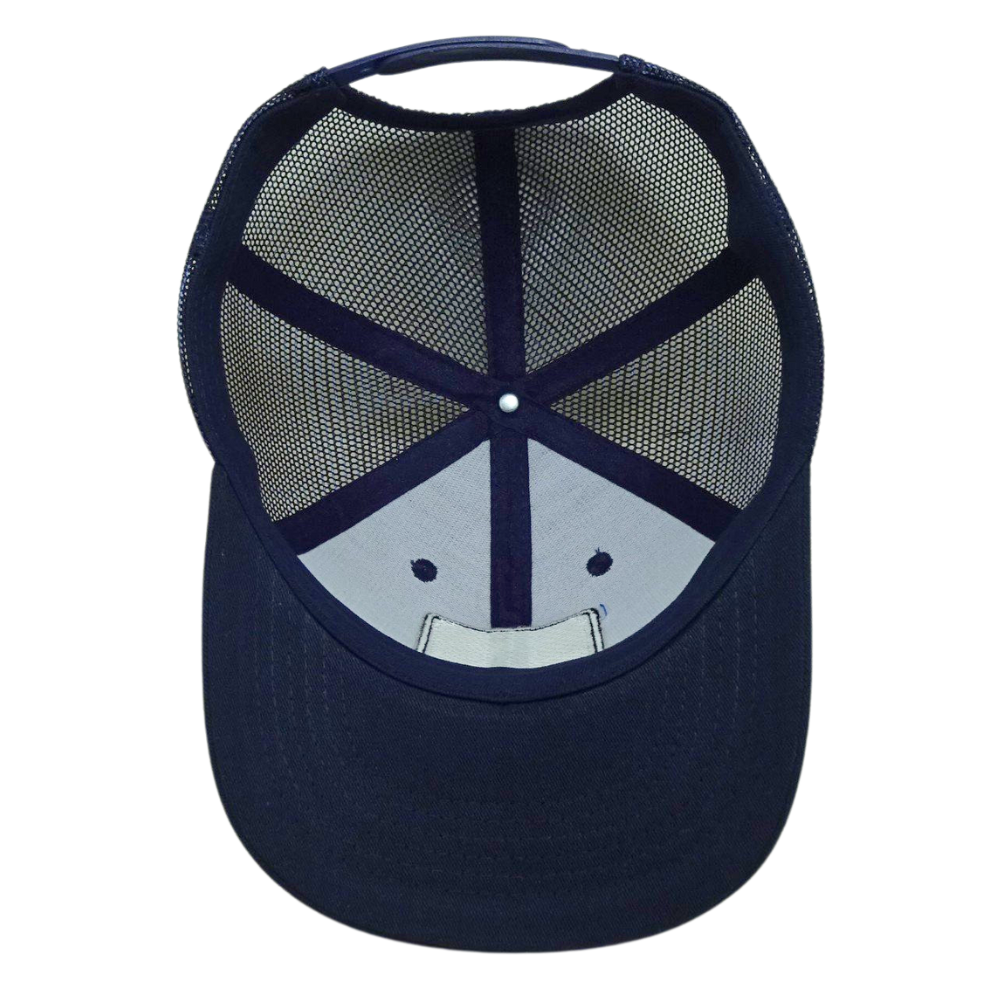 Navy Blue Trucker Hat 6 Panels Woven Patch Flat Brim Structured Cap With Black Mesh Single Breasted Buckle for Men and Women OEM 6