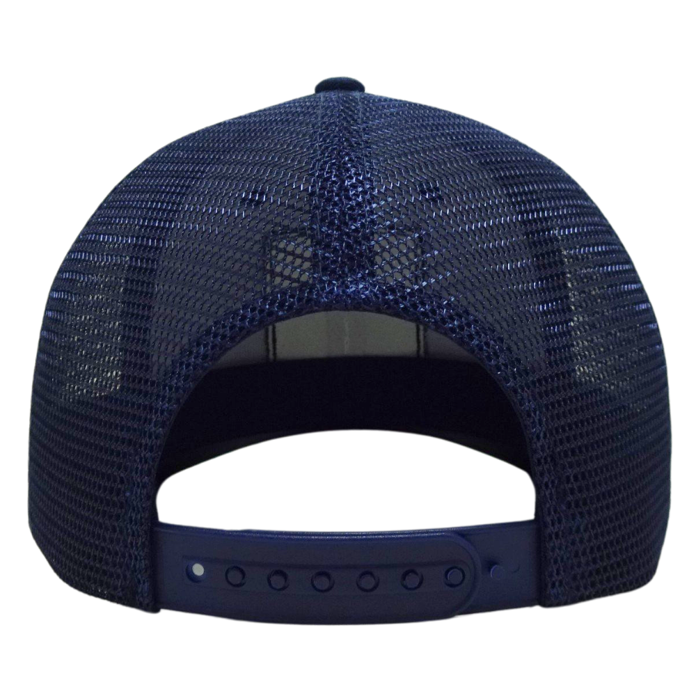 Navy Blue Trucker Hat 6 Panels Woven Patch Flat Brim Structured Cap With Black Mesh Single Breasted Buckle for Men and Women OEM 7