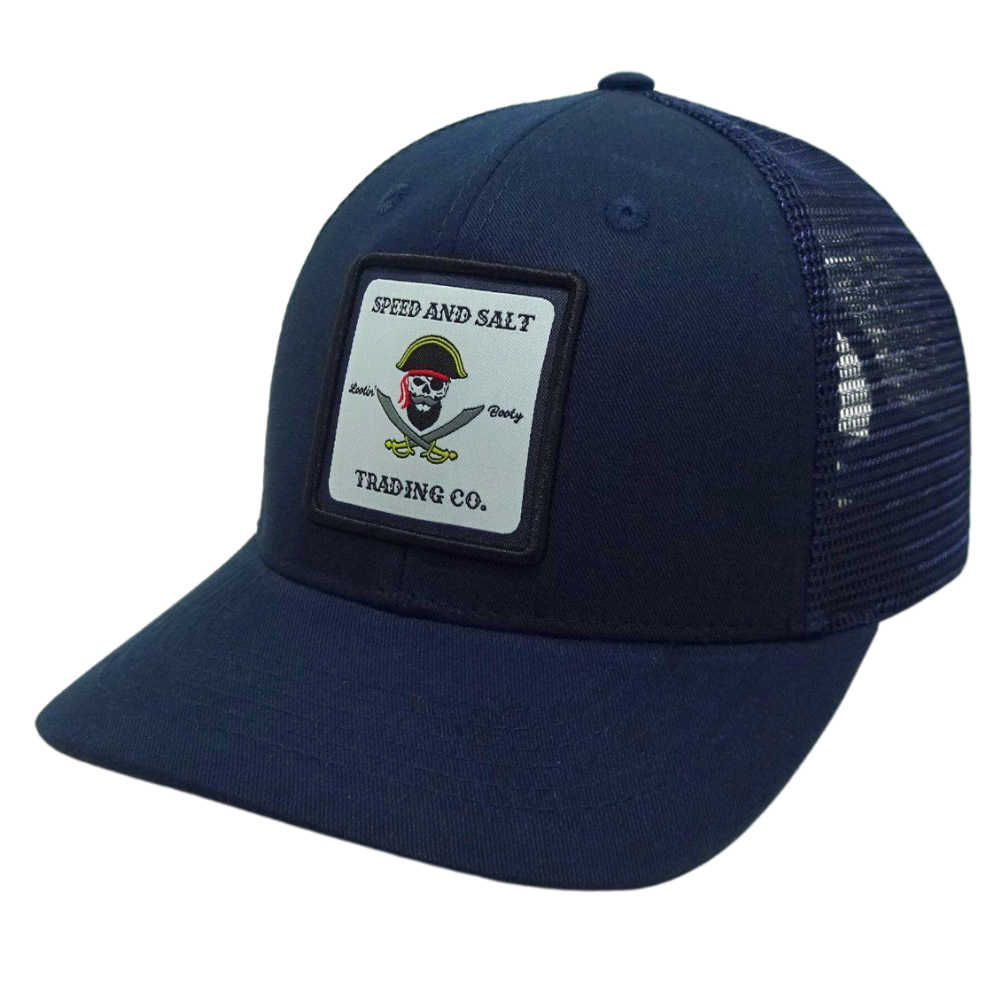 Navy Blue Trucker Hat 6 Panels Woven Patch Flat Brim Structured Cap With Black Mesh Single Breasted Buckle for Men and Women OEM 3