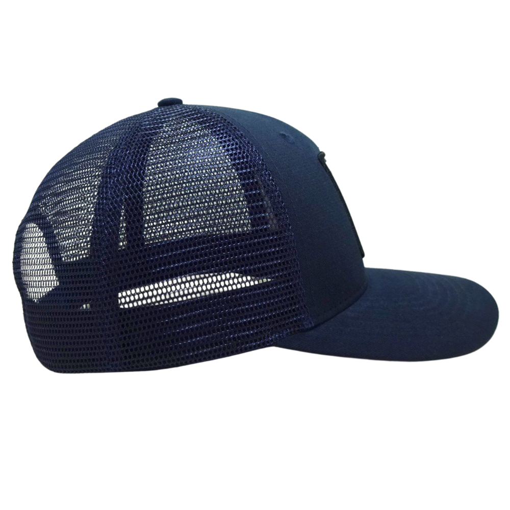 Navy Blue Trucker Hat 6 Panels Woven Patch Flat Brim Structured Cap With Black Mesh Single Breasted Buckle for Men and Women OEM 5