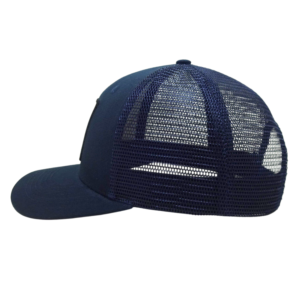 Navy Blue Trucker Hat 6 Panels Woven Patch Flat Brim Structured Cap With Black Mesh Single Breasted Buckle for Men and Women OEM 4