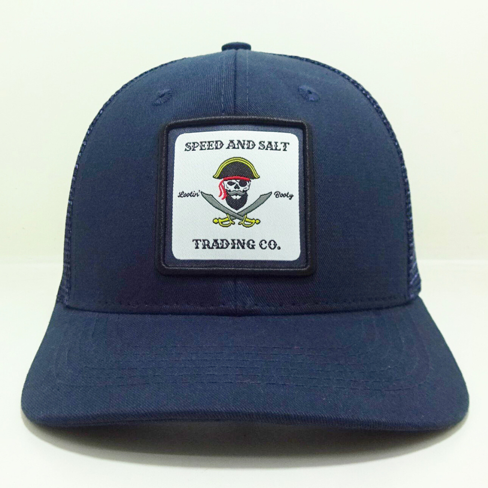 Navy Blue Trucker Hats 6 Panel Woven Logo Patches Slightly Curved Brim Structured Caps Structured Gorras Adjustable Snapback OEM 1