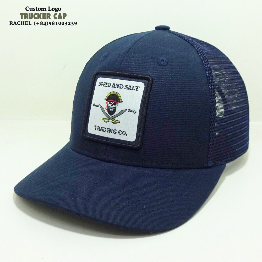 Navy Blue Trucker Hats 6 Panel Woven Logo Patches Slightly Curved Brim Structured Caps Structured Gorras Adjustable Snapback OEM 2