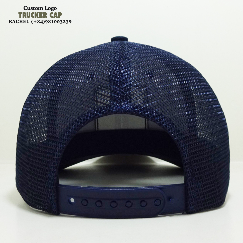 Navy Blue Trucker Hats 6 Panel Woven Logo Patches Slightly Curved Brim Structured Caps Structured Gorras Adjustable Snapback OEM 6