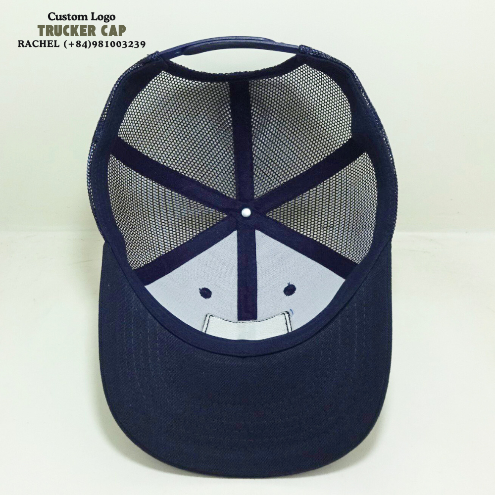 Navy Blue Trucker Hats 6 Panel Woven Logo Patches Slightly Curved Brim Structured Caps Structured Gorras Adjustable Snapback OEM 5