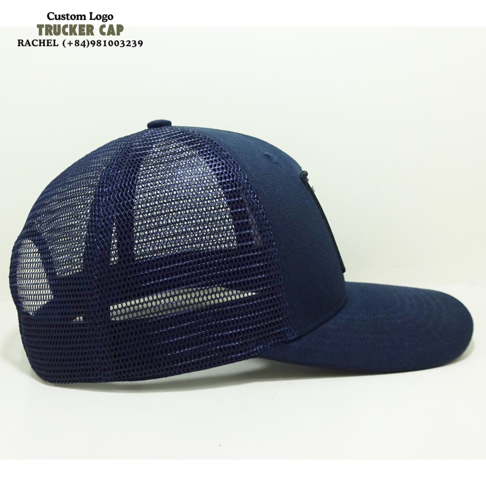 Navy Blue Trucker Hats 6 Panel Woven Logo Patches Slightly Curved Brim Structured Caps Structured Gorras Adjustable Snapback OEM 4