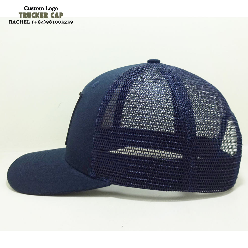 Navy Blue Trucker Hats 6 Panel Woven Logo Patches Slightly Curved Brim Structured Caps Structured Gorras Adjustable Snapback OEM 3