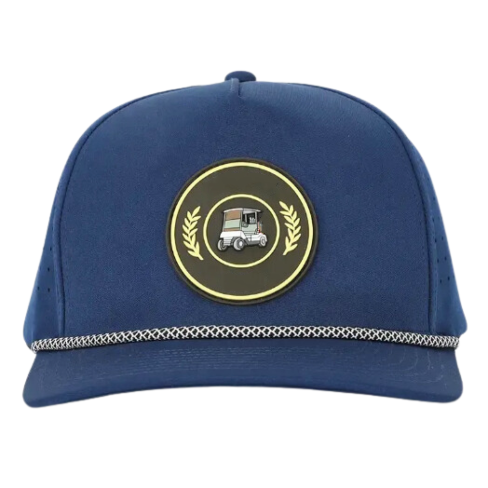 Navy Laser Cut Hole Perforated Waterproof Rope Hats Rubber/PVC Logo Patches 5 Panel Slightly Curved Brim Goft Items for All Ages 2