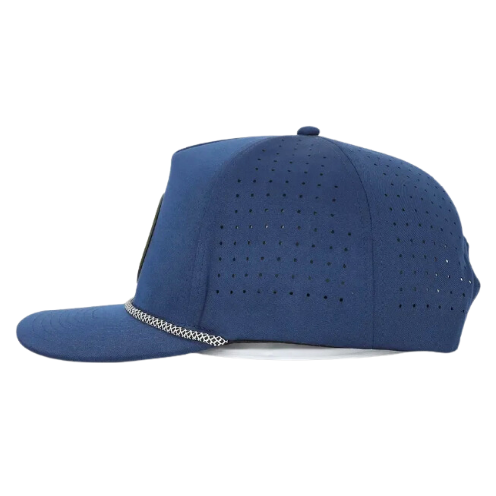 Navy Laser Cut Hole Perforated Waterproof Rope Hats Rubber/PVC Logo Patches 5 Panel Slightly Curved Brim Goft Items for All Ages 4