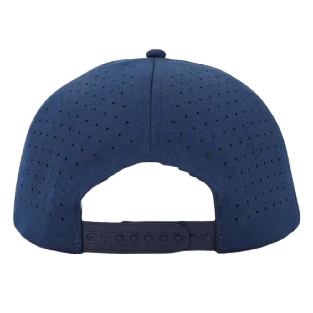 Navy Laser Cut Hole Perforated Waterproof Rope Hats Rubber/PVC Logo Patches 5 Panel Slightly Curved Brim Goft Items for All Ages 7