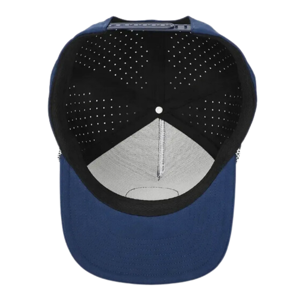 Navy Laser Cut Hole Perforated Waterproof Rope Hats Rubber/PVC Logo Patches 5 Panel Slightly Curved Brim Goft Items for All Ages 6