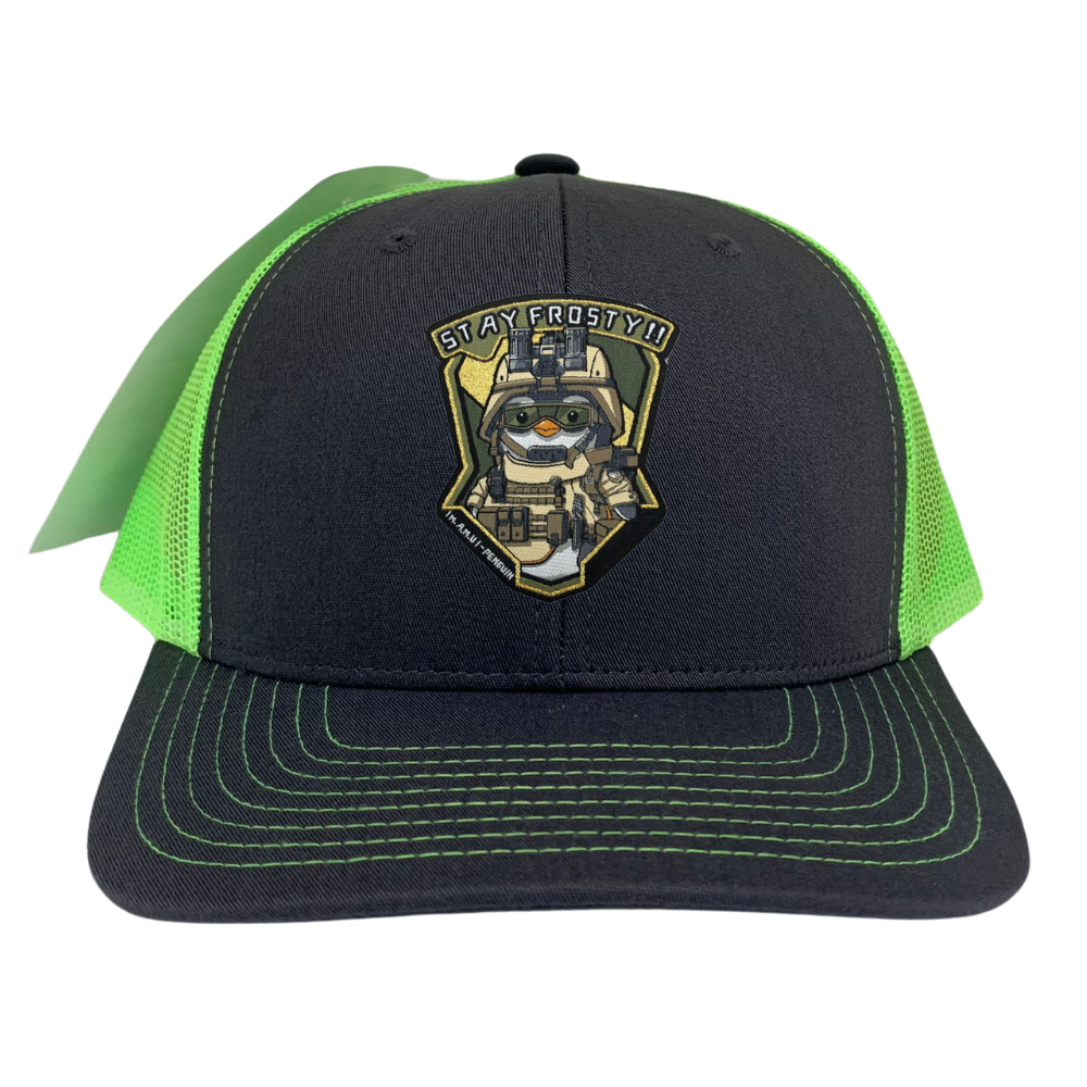 Neon Green Black Trucker Hat Custom Embroidery/Woven Patch Logo Contrast Stitching Line on Brim Structured Cap Single Row Buckle 2