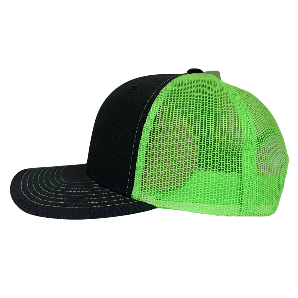 Neon Green Black Trucker Hat Custom Embroidery/Woven Patch Logo Contrast Stitching Line on Brim Structured Cap Single Row Buckle 3