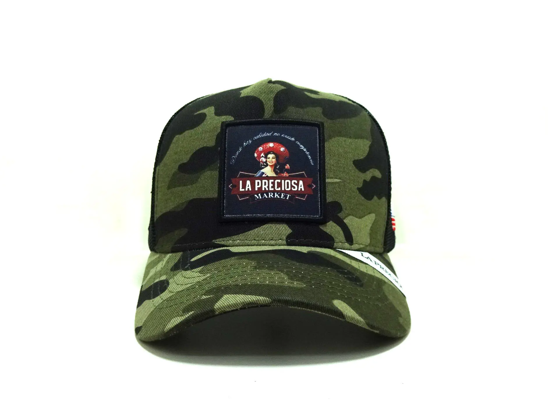 New Camo Design High Quality Customize Trucker Hat Woven Patch Logo 5 Panel Promotional Sports Cap for Men All Seasons 2