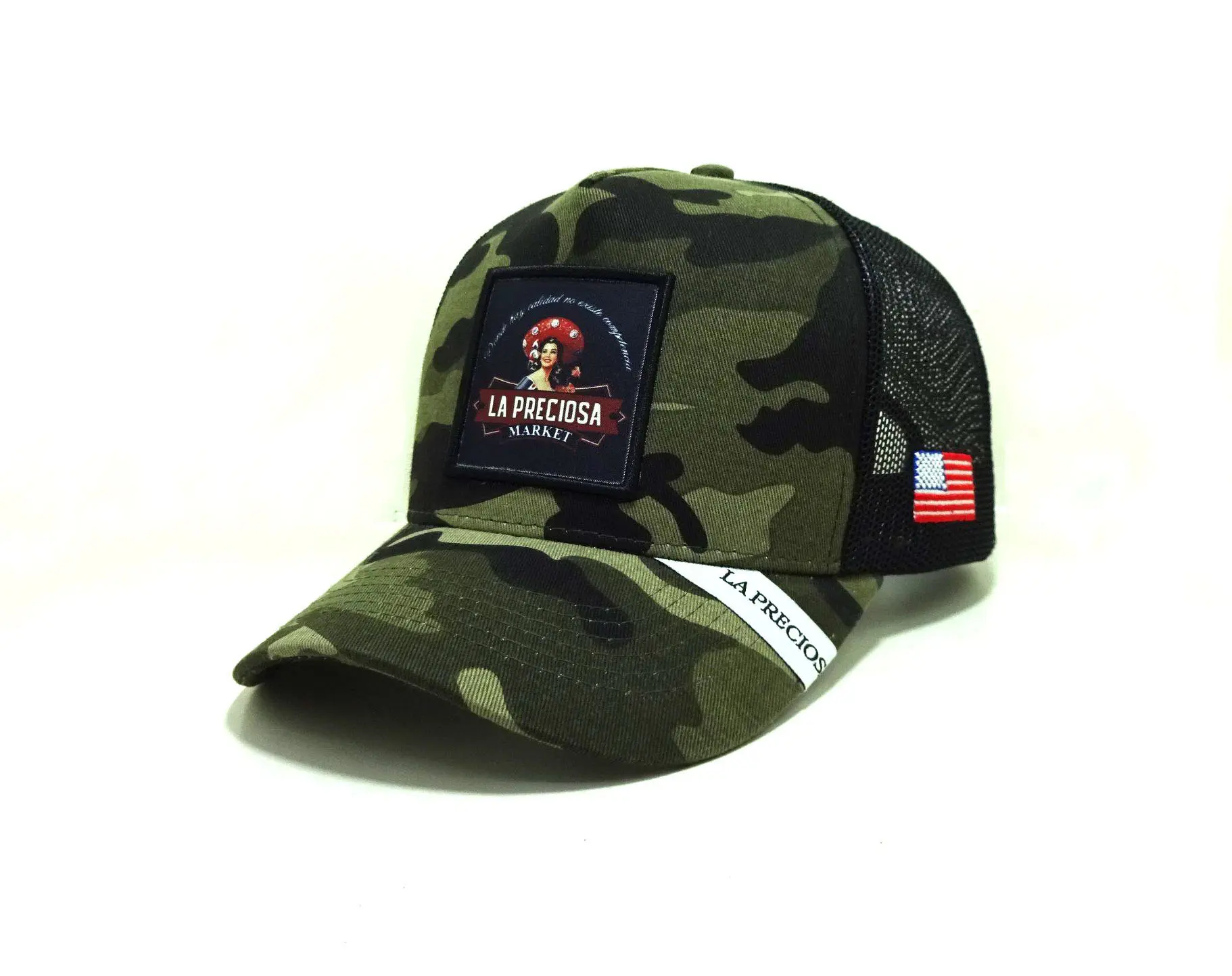 New Camo Design High Quality Customize Trucker Hat Woven Patch Logo 5 Panel Promotional Sports Cap for Men All Seasons 1