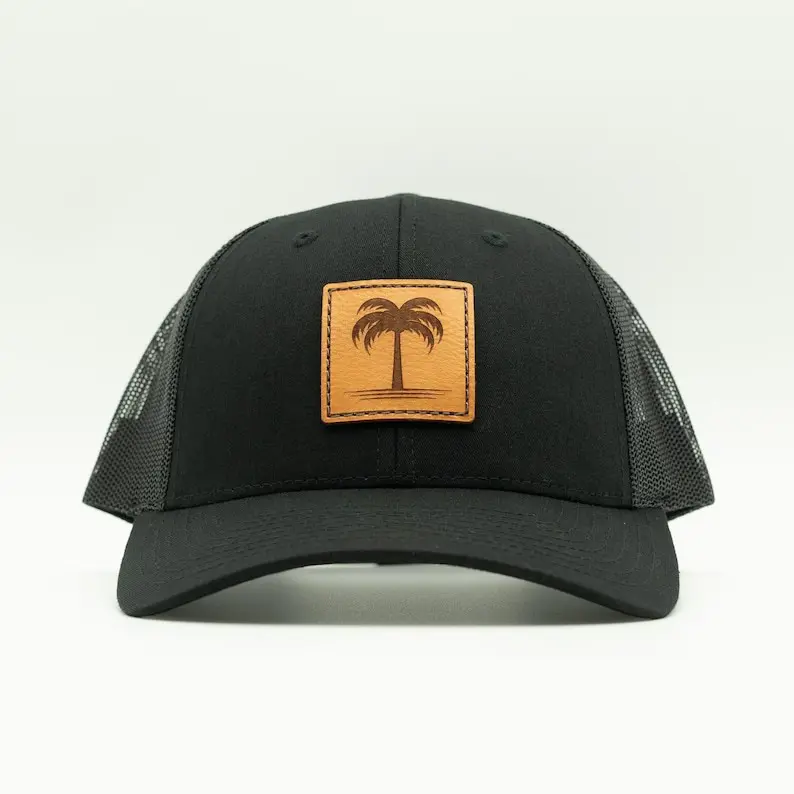 OEM Custom Tree Logo Trucker Hat Vietnam Made With Leather Patch Plain Mesh Back Cap For Unisex Casual Travel Tropical Style L01 5