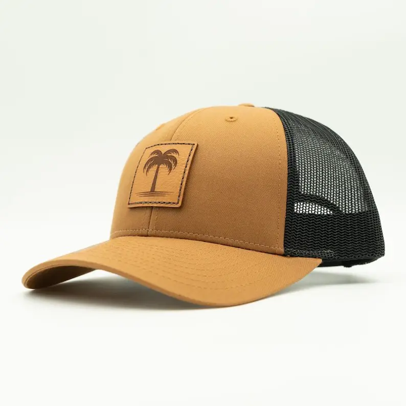 OEM Custom Tree Logo Trucker Hat Vietnam Made With Leather Patch Plain Mesh Back Cap For Unisex Casual Travel Tropical Style L01 4