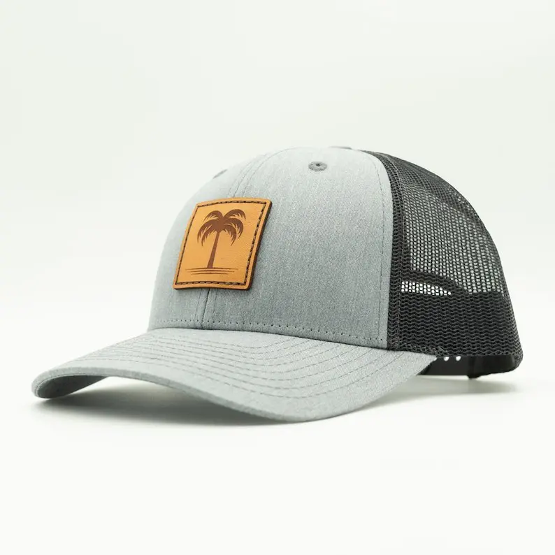 OEM Custom Tree Logo Trucker Hat Vietnam Made With Leather Patch Plain Mesh Back Cap For Unisex Casual Travel Tropical Style L01 2