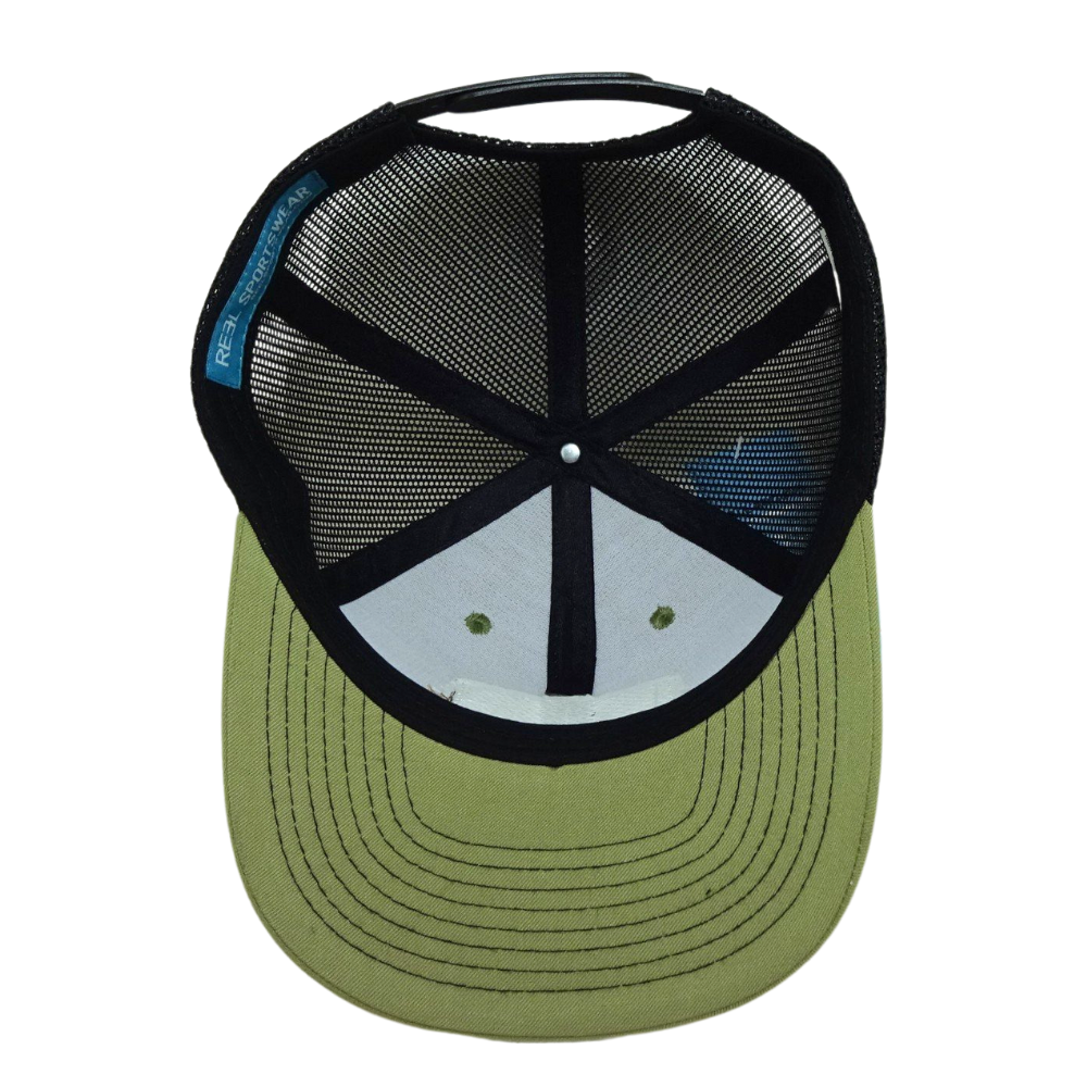 OEM Wholesale Rectangle Leather Patch Cap Unstructured Semi Curve 6 Panel Green Color Black Mesh Eyelet Front Cap for All Ages 6