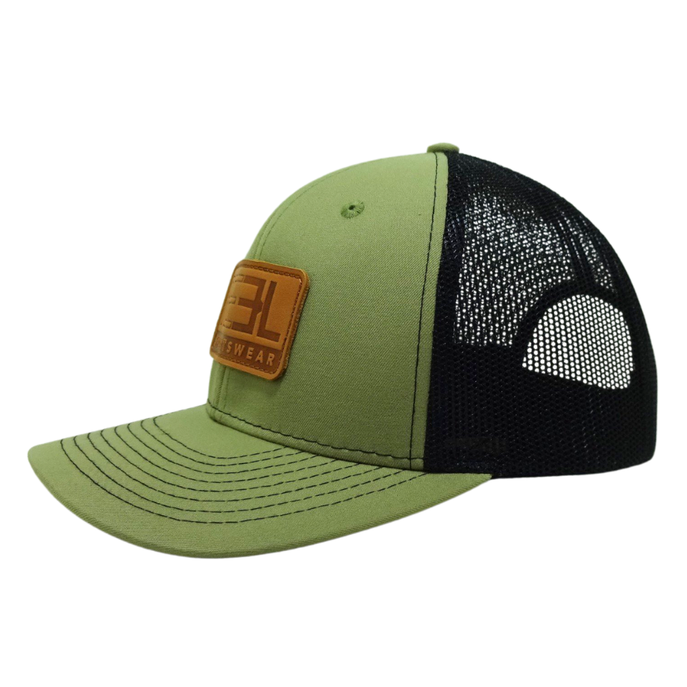 OEM Wholesale Rectangle Leather Patch Cap Unstructured Semi Curve 6 Panel Green Color Black Mesh Eyelet Front Cap for All Ages 3