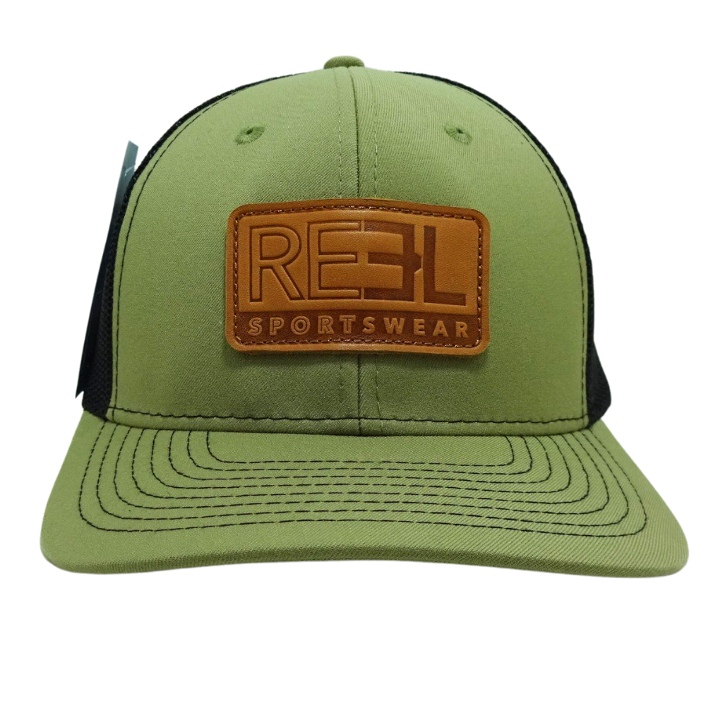 OEM Wholesale Rectangle Leather Patch Cap Unstructured Semi Curve 6 Panel Green Color Black Mesh Eyelet Front Cap for All Ages 2